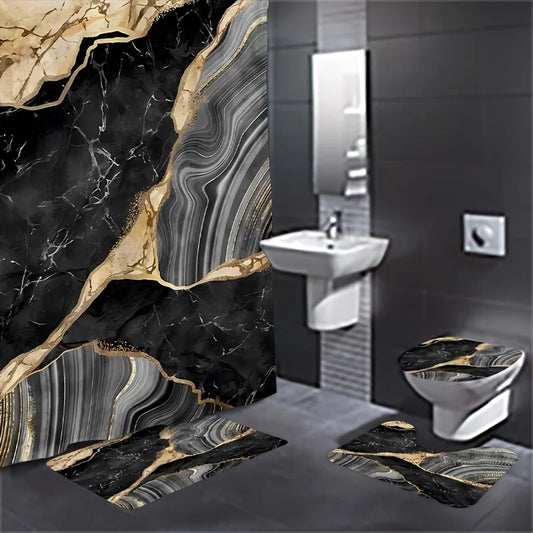 1or4 Piece Black Marble Shower Curtain Set - Modern Abstract Texture Bathroom Decor - Washable Fabric Curtain - Rugs and Cover