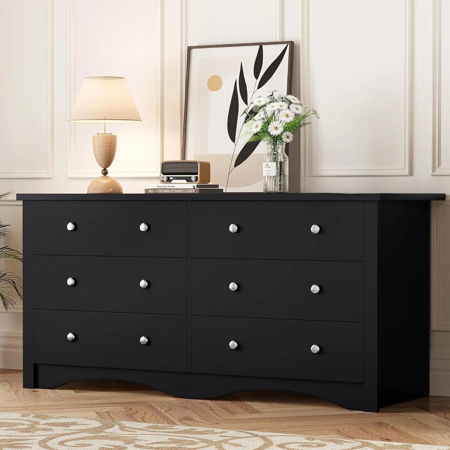 Black 6 Drawer Dresser Modern Wood Chest for Bedroom Living Room Closet Hallway