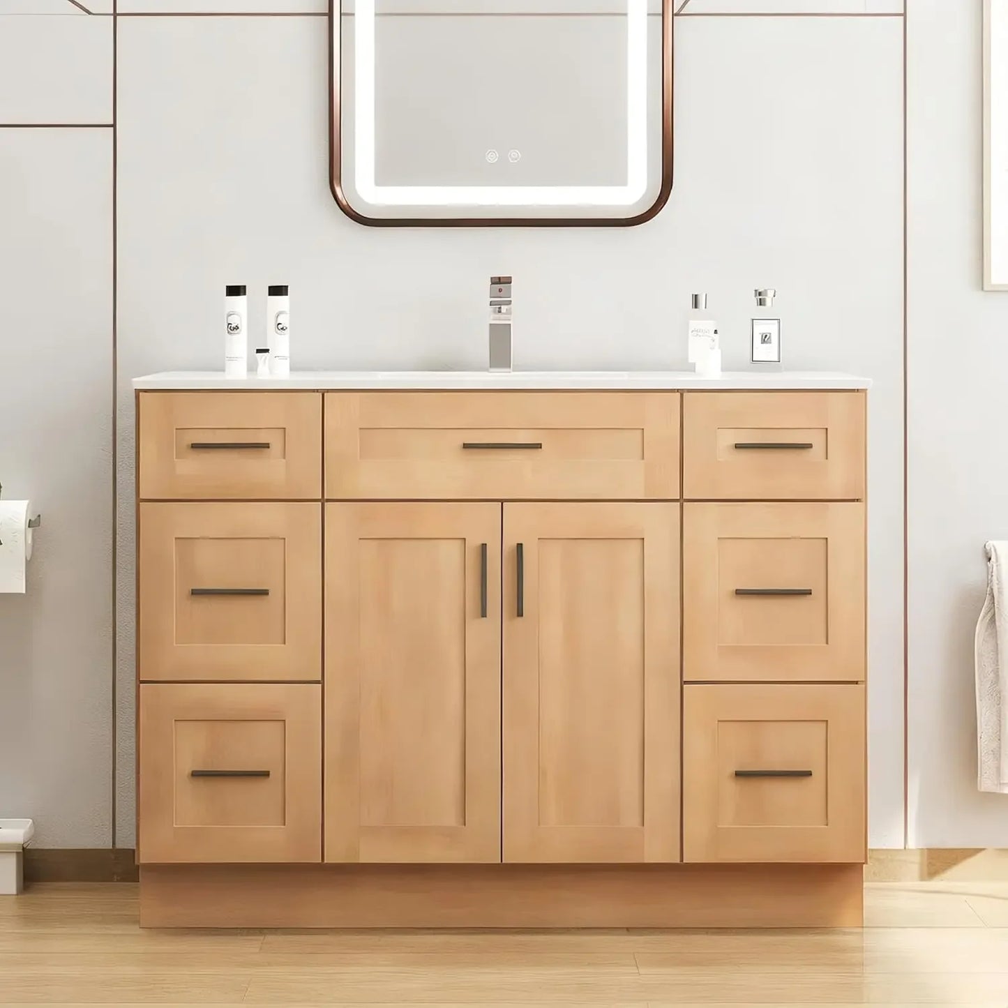 48-Inch Bathroom Vanity with Sink - High-End Bathroom Cabinet for Family Use, Solid Wood Construction, Ceramic Sink, Customized