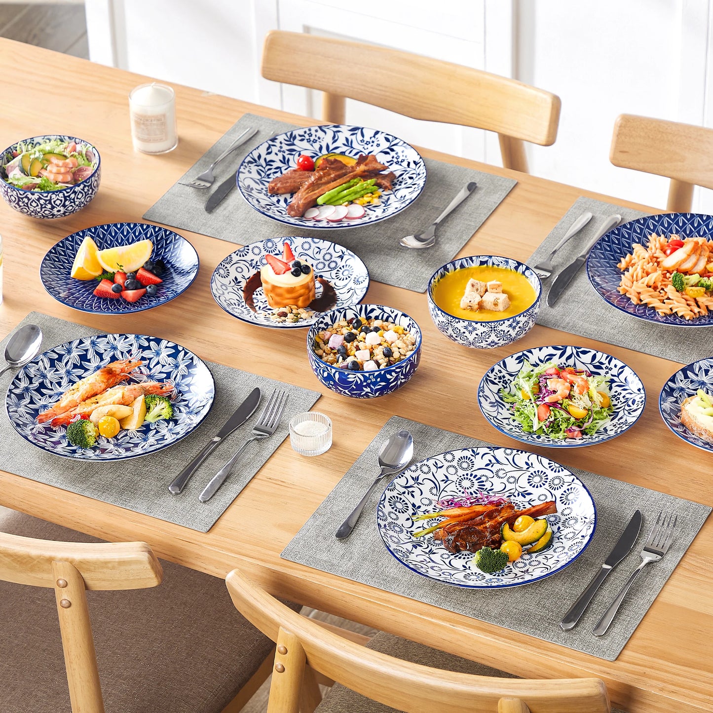 vancasso 12/24/36 Piece Chinese Blue and White Porcelain Plate Set Tableware Set with 4PCS Dinner Plate/Dessert Plate/Ceral Bowl