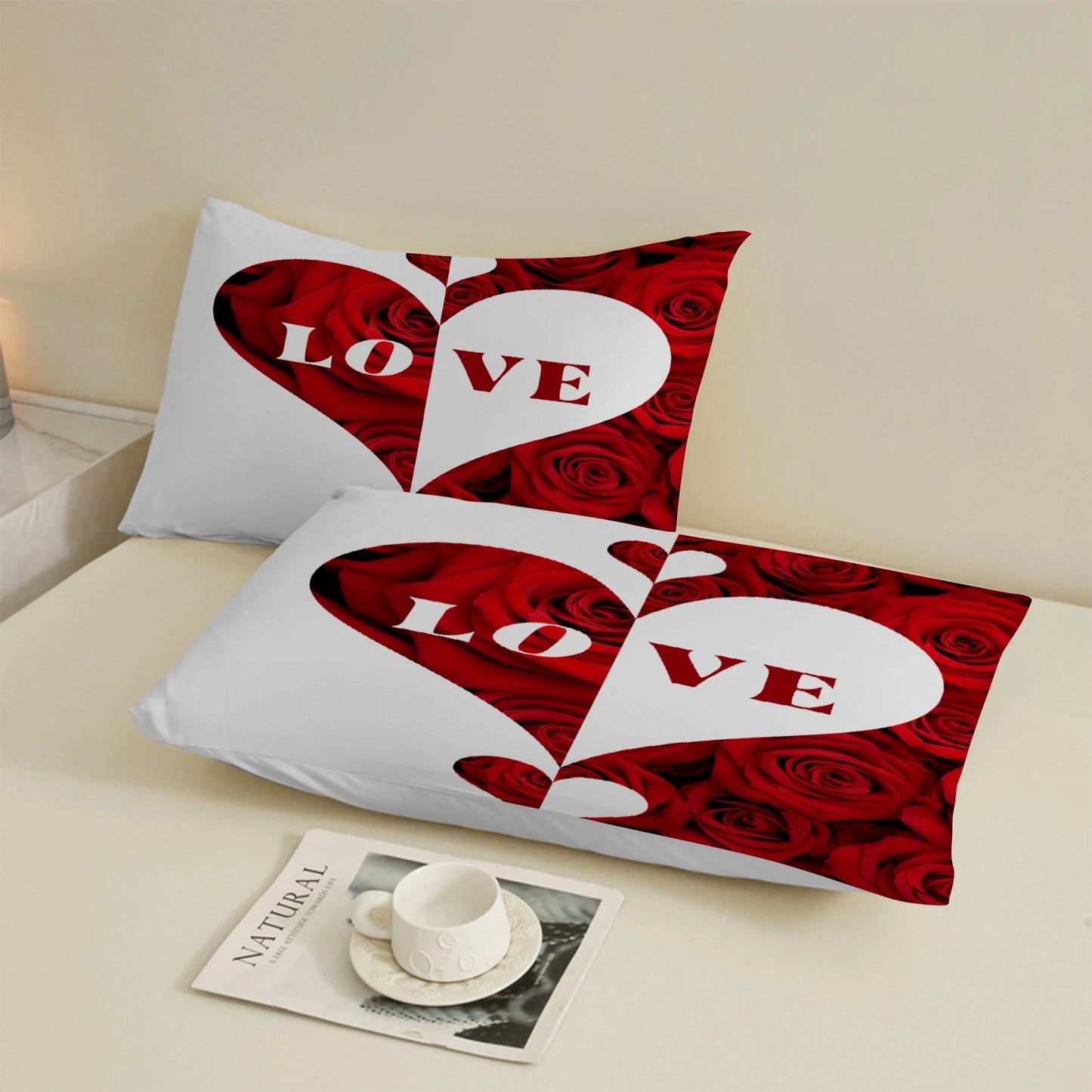 1 Piece Romantic Rose Love Heart Fitted Sheet Red White Soft Microfiber Bedding For Valentines Day Bedroom Decor