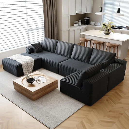 Cloud-style sectional sofa, with corduroy cover, fluffy memory foam cushions, easily assembled, modular recliner, large sofa set