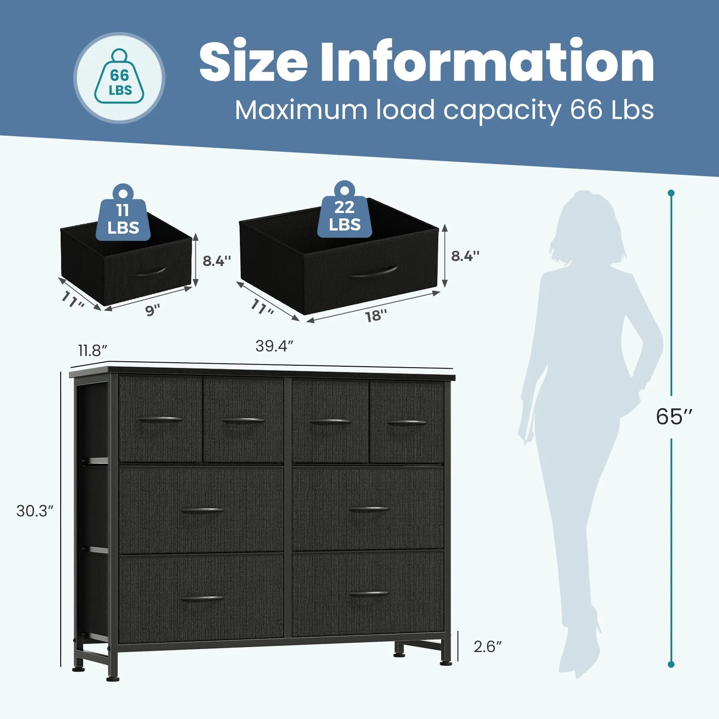 JHK 8 Fabric Drawers Dresser for Living Room Storage Tower with Wood Top and Mental Frame Wide Fabric Dresser for Closet Storage Unit for Entryway