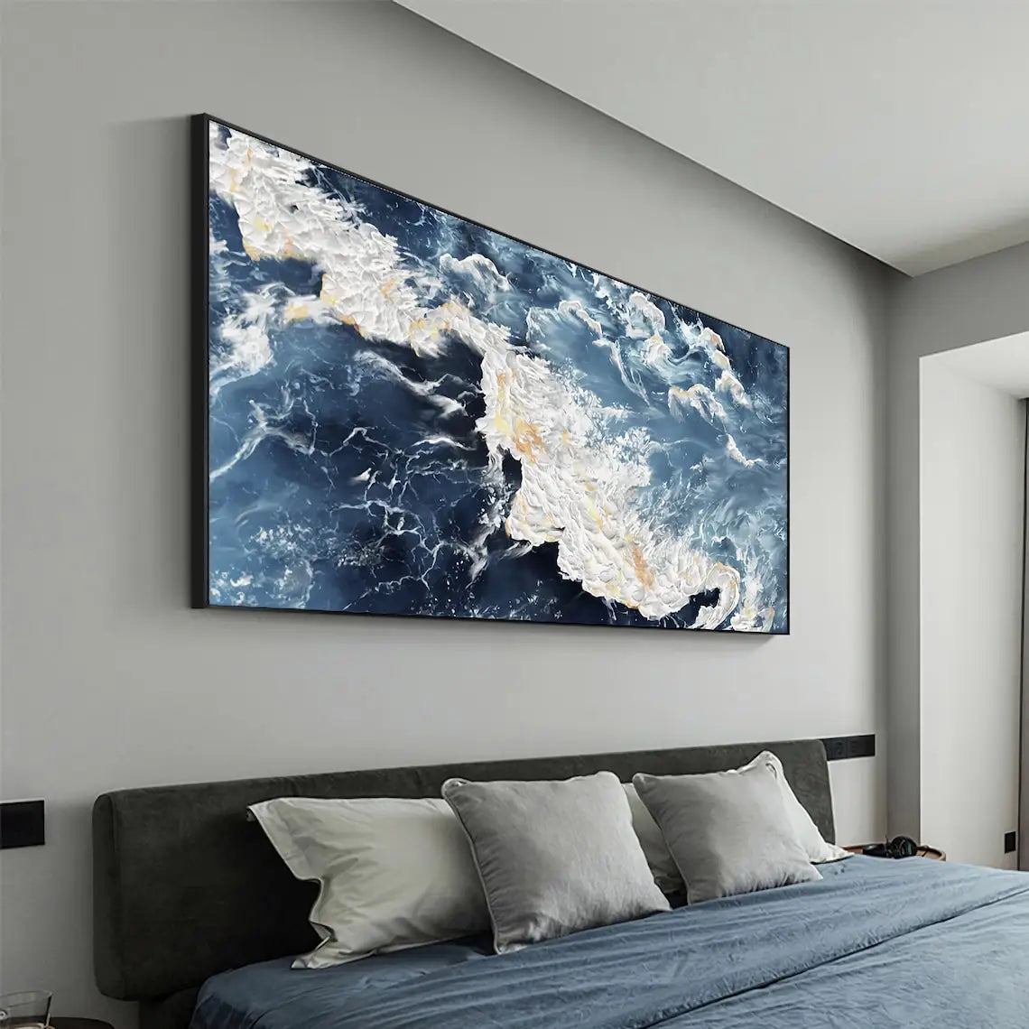 Large Sea Canvas Oil Painting Handmade Blue Sea Landscape Abstract White Wave Painting Textured Sea Painting Living Room Decor