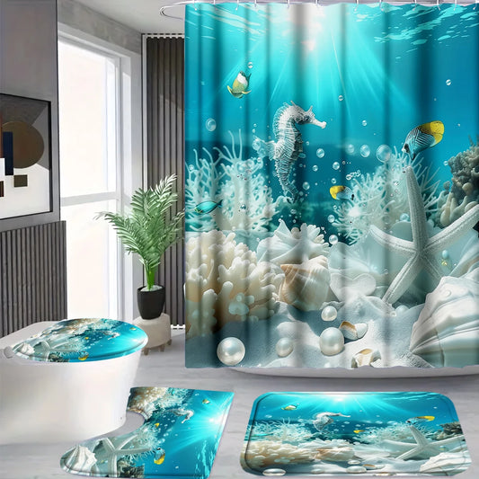4Pcs Ocean Life Shower Curtain Set with Hooks, Underwater Seahorse Coral Print Waterproof Mildew Resistant Fabric Bath Mat for Family Bathroom Home Decor