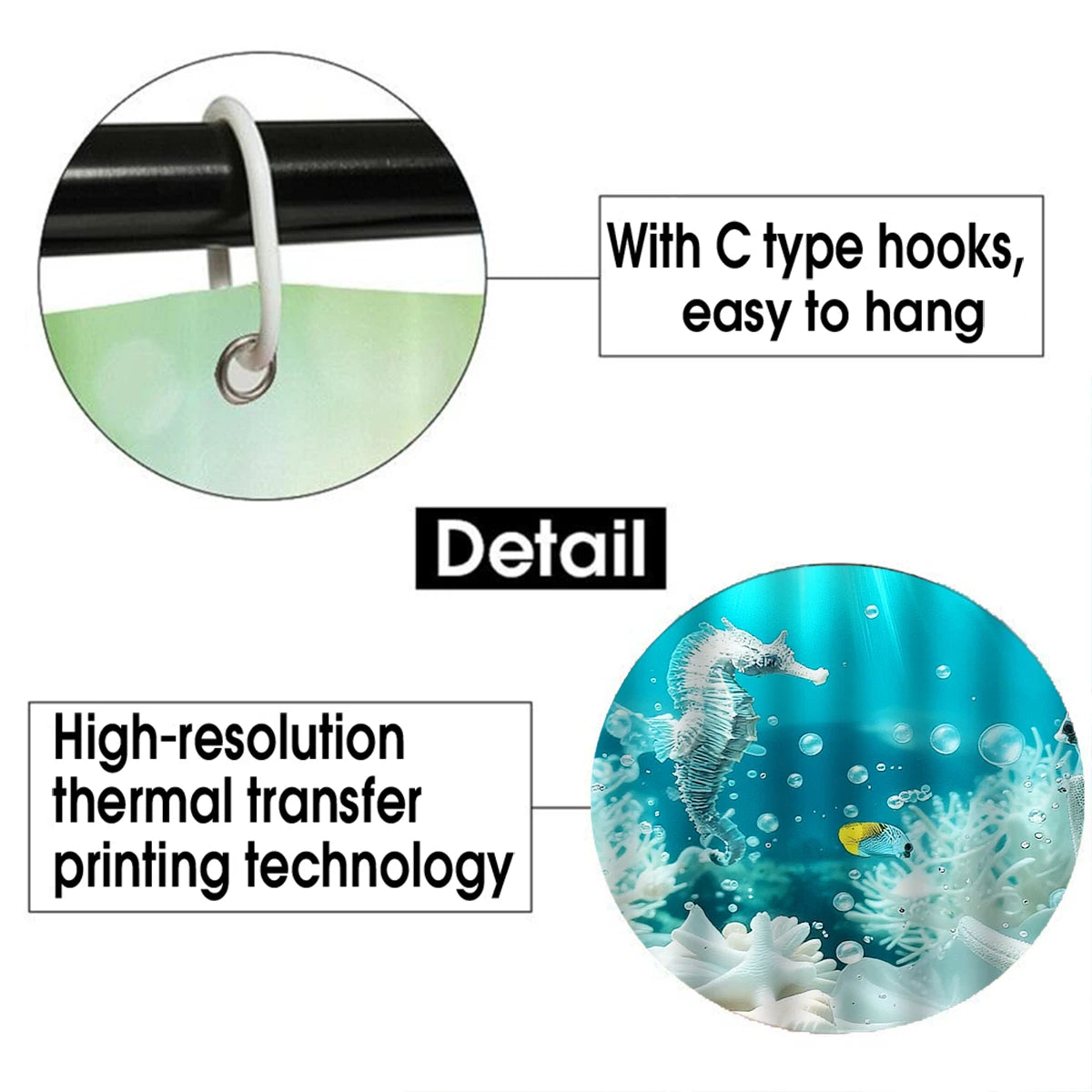 4Pcs Ocean Life Shower Curtain Set with Hooks, Underwater Seahorse Coral Print Waterproof Mildew Resistant Fabric Bath Mat for Family Bathroom Home Decor