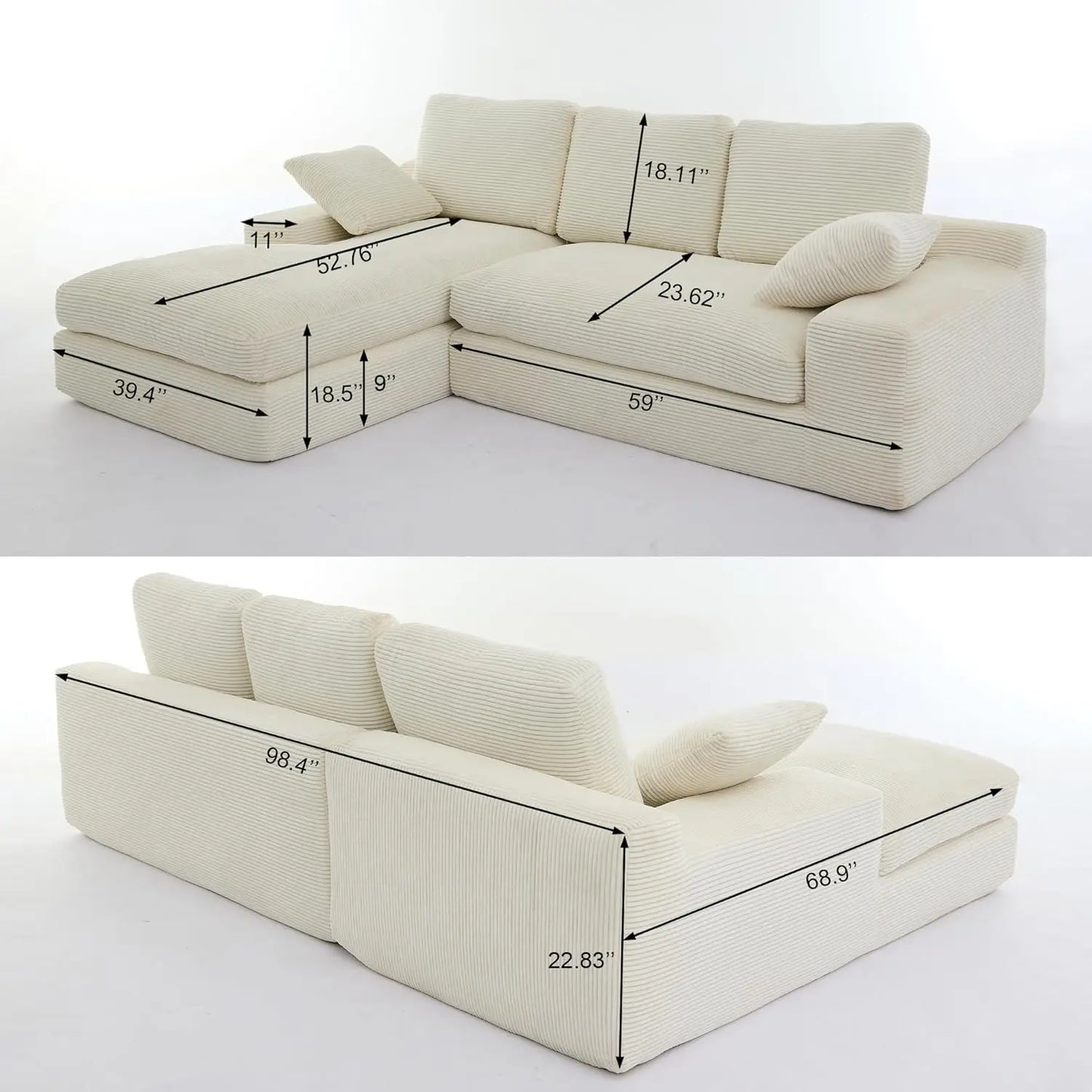 99'' Extra Deep Cloud Futon Couch Modular Sectional Sofa with Sleeper Chaise L-Shaped Big Comfy Customized Sofa