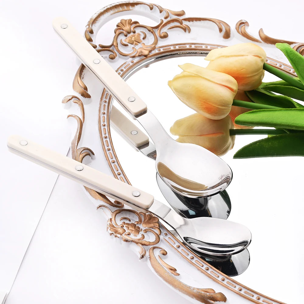 Beige Silver 4/16Pcs Dinnerware Acrylic Handle Knife Fork Spoon Set Stainless Steels Cutlery Set Western Dinner Kitchen Flatware