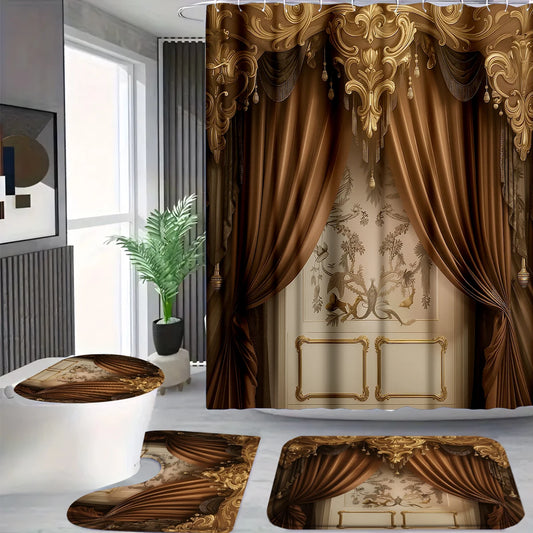 4Pcs Vintage Brown Gold Curtain Shower Curtain Set with Hooks, Ornate Palace Style Print Waterproof Mildew Resistant Fabric Bath Mat for Family Bathroom Home Decor