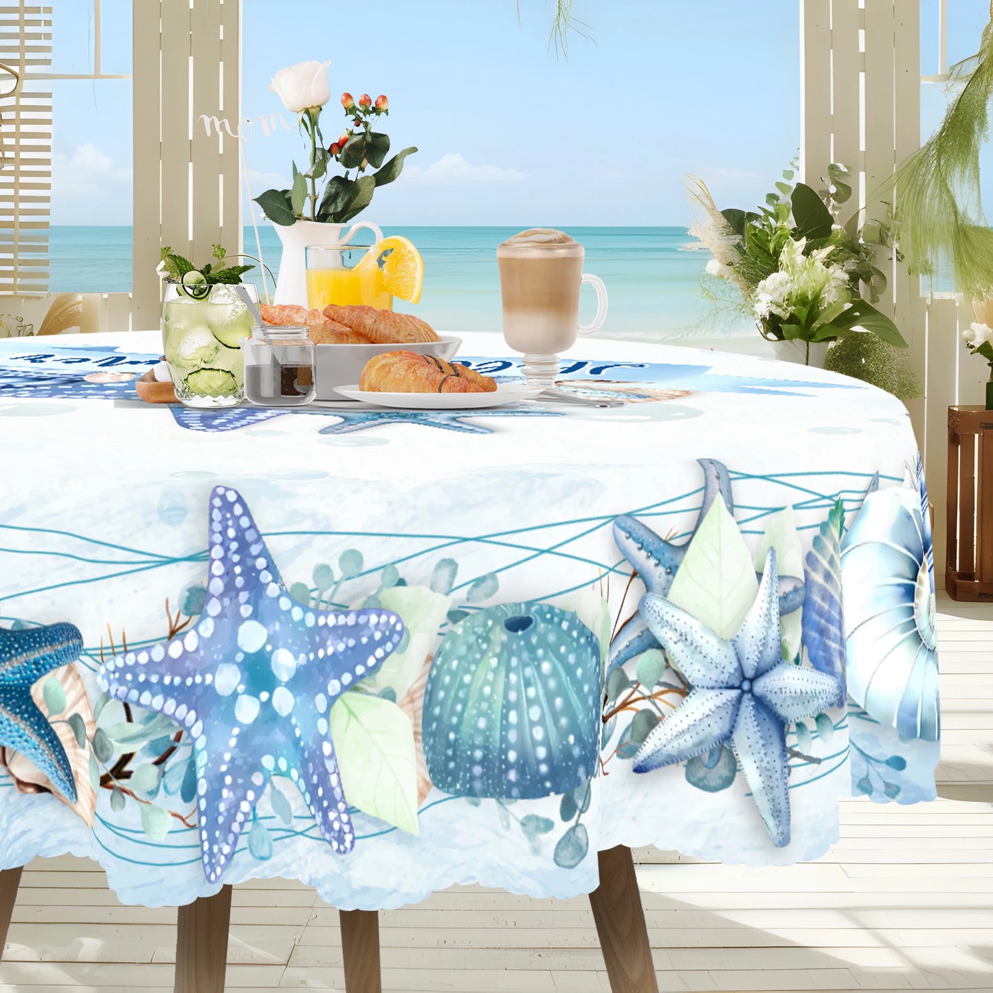 Coastal Tablecloth, Ocean Nautical Table Cloth, Polyester fibre, Coral Starfish Seashell Table Covers, Beach Themed Table