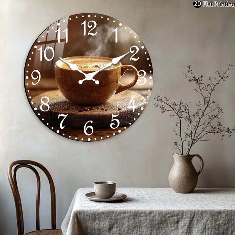 Wooden Silent Wall Clock Coffee cup with steam clock face Quartz Clocks Farmhouse,Office,Idea Christmas,Halloween,New Year Gift