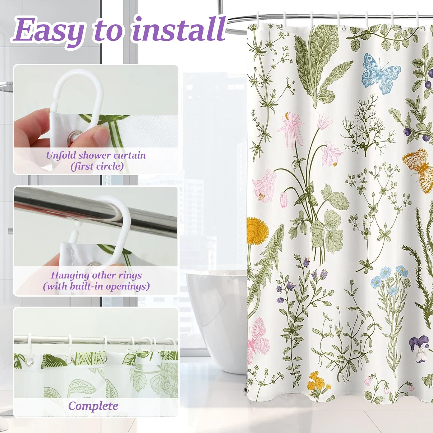 Botanical Leaf Shower Curtain Polyester Bathroom Curtain with Butterfly Floral Print and Hooks Window Decor