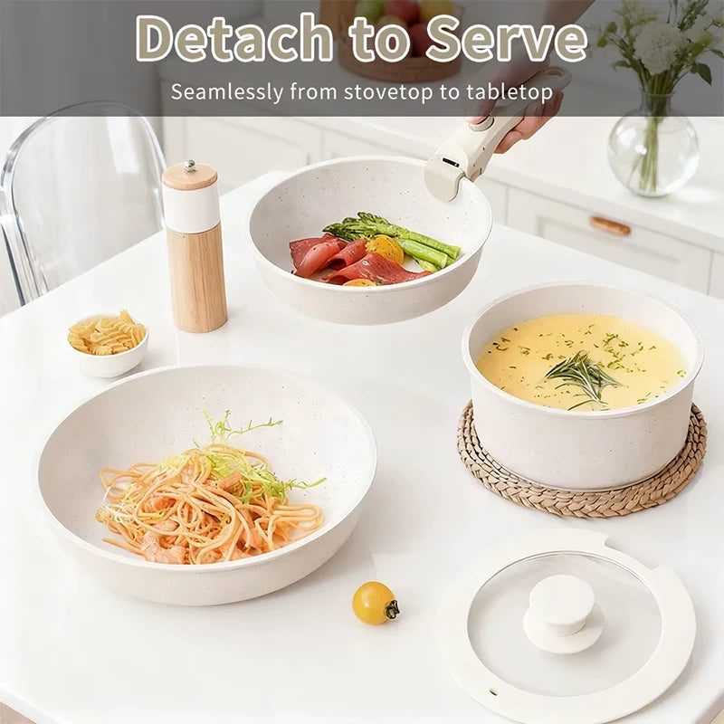 Non-stick pan, 17-piece frying pan set, suitable for induction cooktops and open flames, frying pan set, long-lasting non-stick, scratch-resistant surface, dishwasher safe, creamy white, can be given as a gift