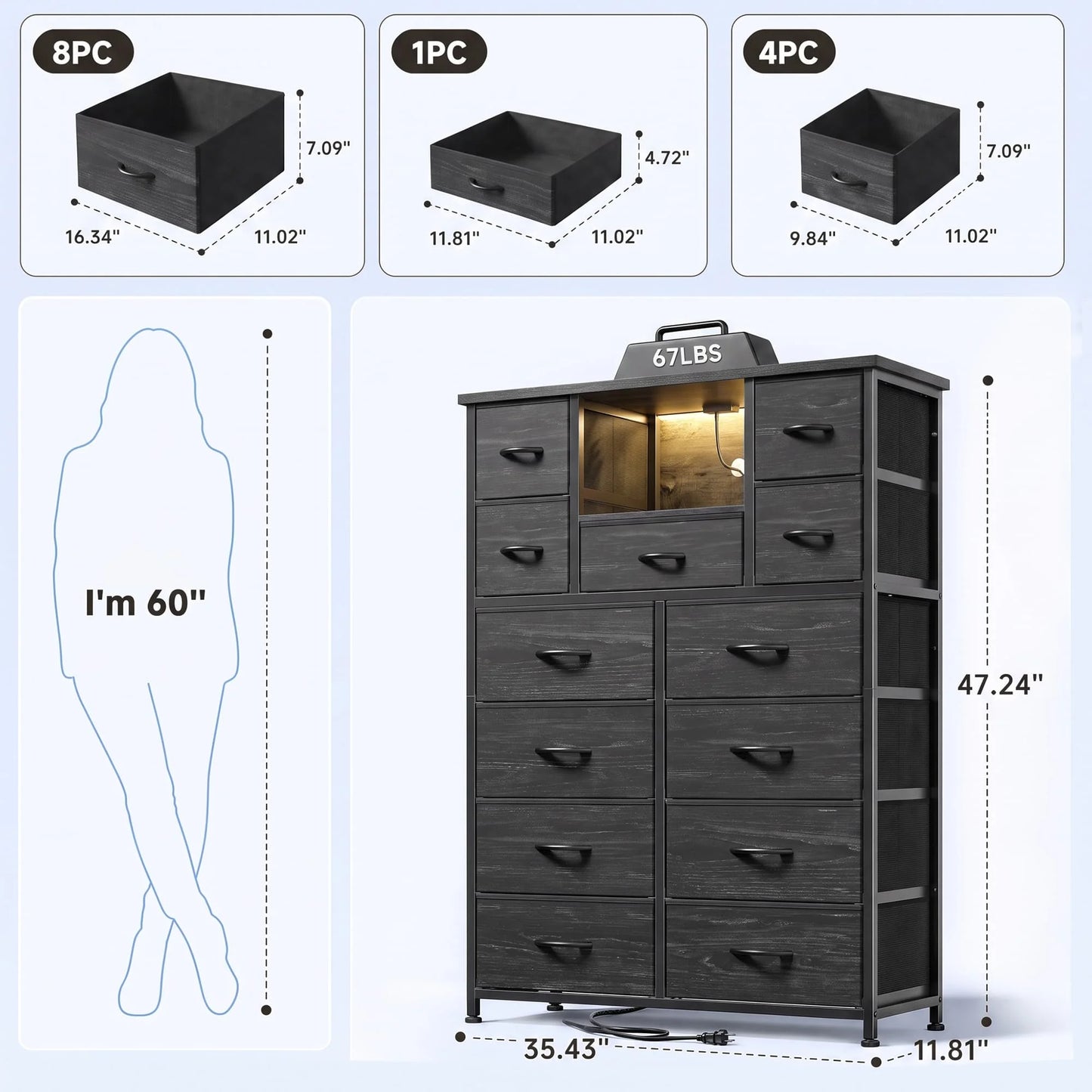 EnHomee 47" Fabric Dresser with LED Accent Lights & Built‑In Charging Hub – 13 Drawers + Open Shelves – Versatile Organizer for Bedroom, Entryway, and Hallway Use