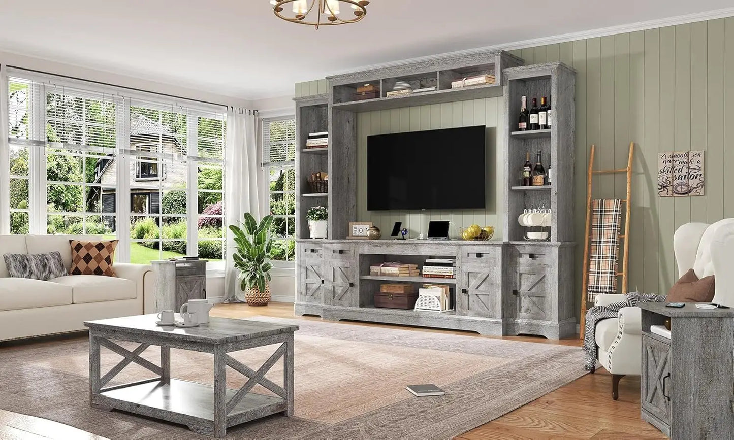 98" armhouse Wall Unit Entertainment Center with Bookshelves, Wine Cabinet, its 75" TVs, Large TV Stand with Power Outlets & Bar