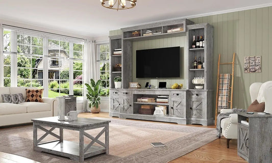 98" armhouse Wall Unit Entertainment Center with Bookshelves, Wine Cabinet, its 75" TVs, Large TV Stand with Power Outlets & Bar