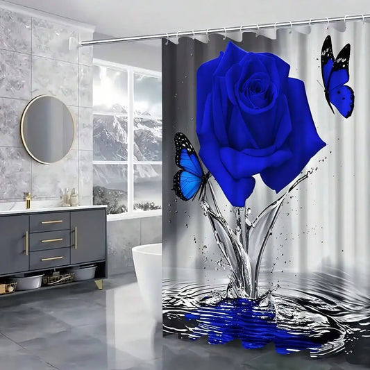 1/4pcs Water Blue Rose Butterfly Pattern Shower Curtain Set, Shower Curtain With 12 Hooks, Non-slip Bathroom Carpet