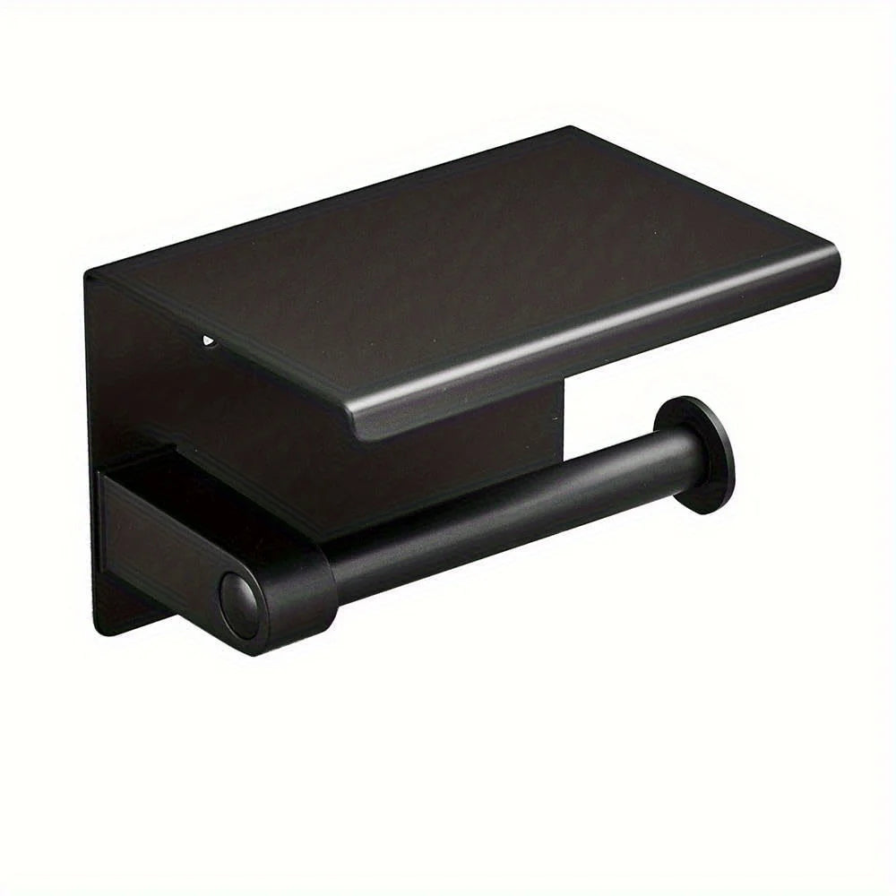 Toilet Paper Holder with Phone Shelf, Wall Mounted Stainless Steel Tissue Dispenser, Bathroom Single Roll Toilet Paper Holder
