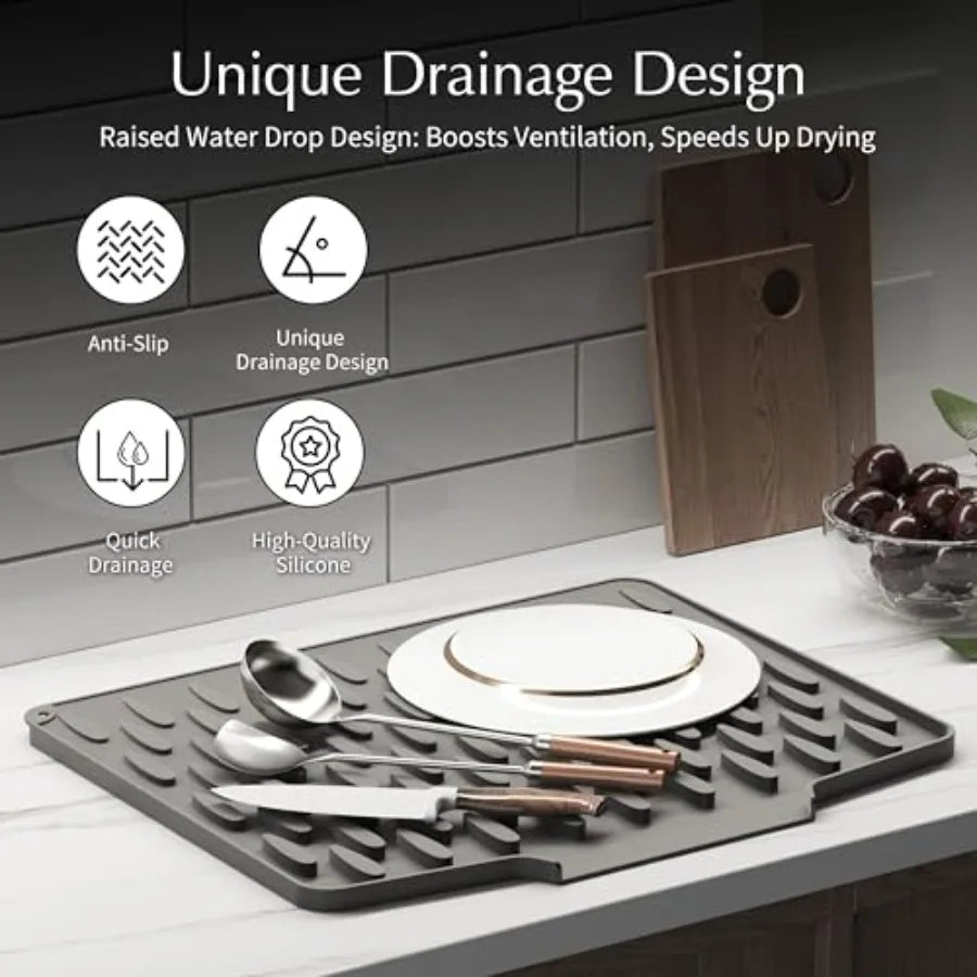 Silicone Dish Drying Mat for Kitchen Counter or Sink with Built-in Drain Lip, Non-Slip Quick Drying Mat, Easy to Clean, Heat Re