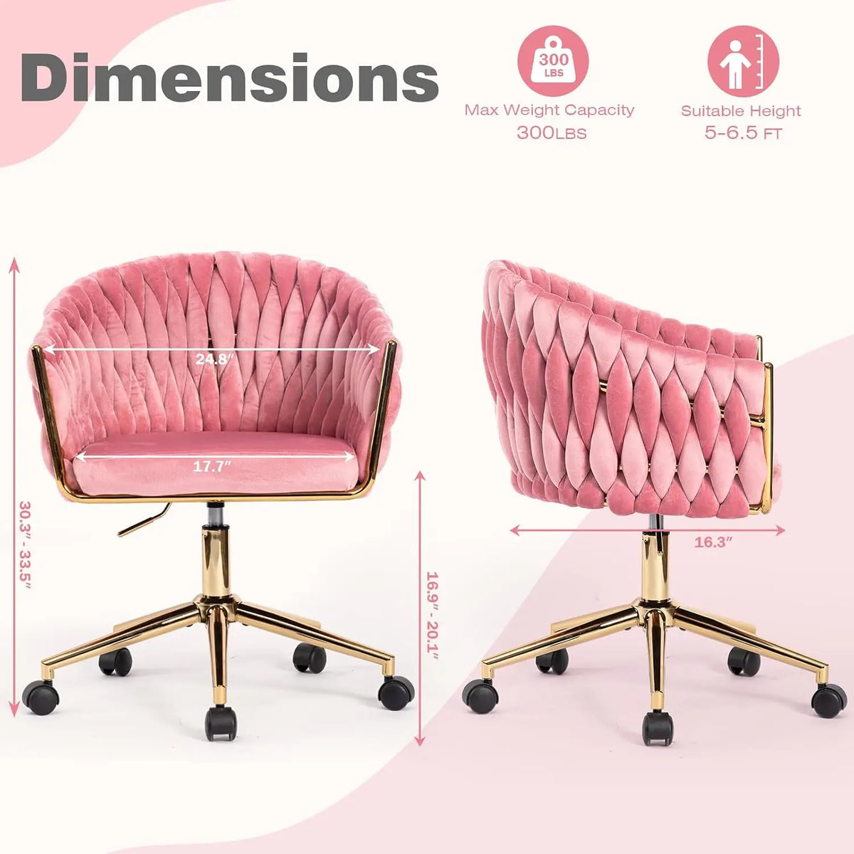 Cute Fabric Rolling Chair Vanity Office Desk Chair with Back Wheel Pink, Customized