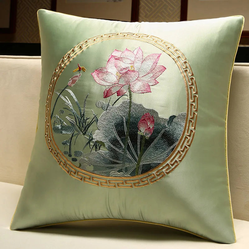 New Chinese Style Embroidered Bird Cushion Cover Living Room Sofa Waist Pillow Luxurious Classical Bed Head Silk Pillowcase