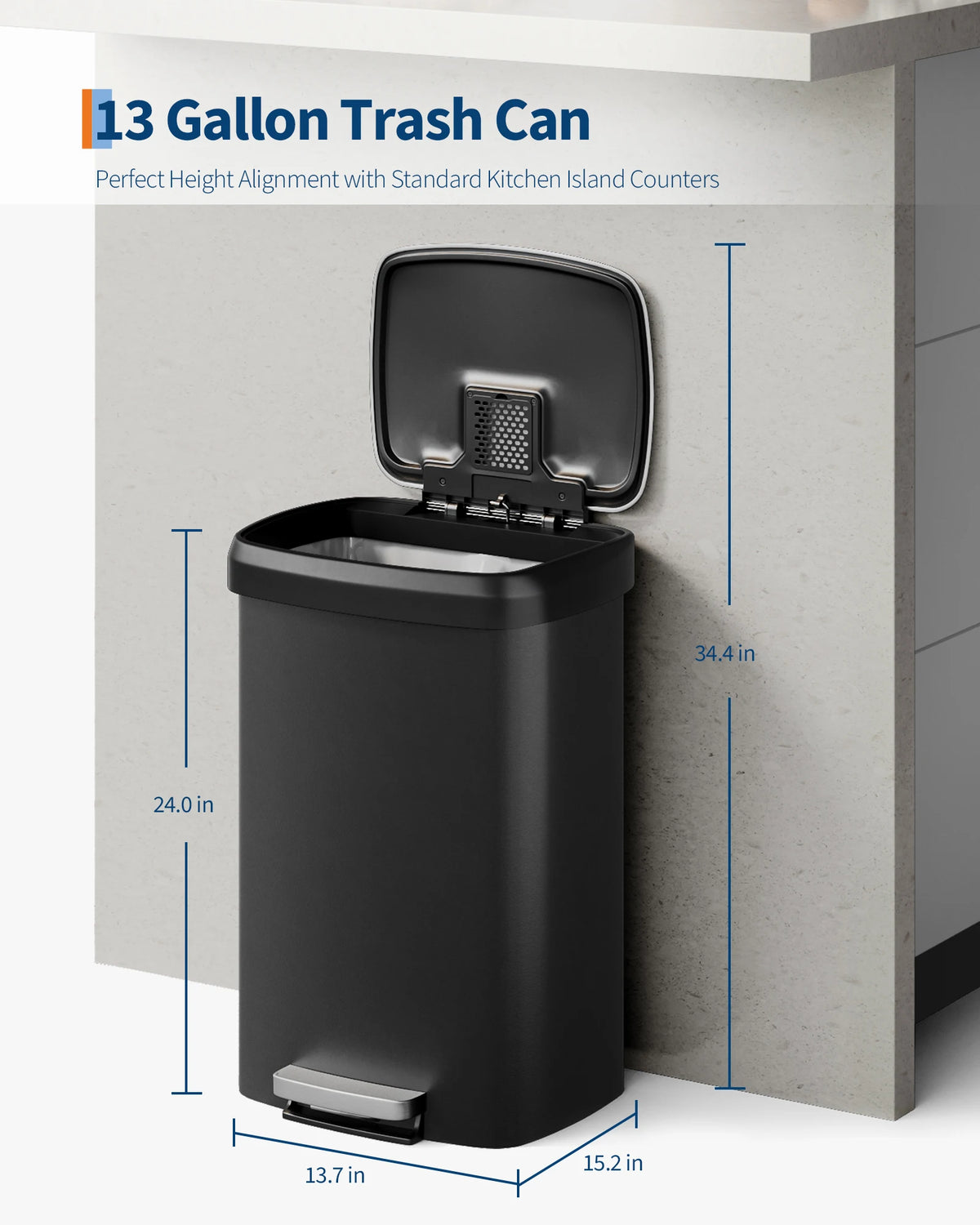 Step-On Kitchen Trash Can - 13 Gallon / 50 Liter, Durable Black Plastic, Soft-Close Lid, Rustproof, Liner Rim, Rear Handle - Large Waste Bin for Home, Office, or Kitchen Storage