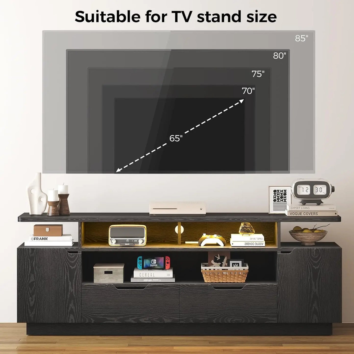 IRONCK TV Stand for TVs 85 inch with Power Outlet&LED Lights,Entertainment Center with Storage Cabinets&Drawers for Living Room