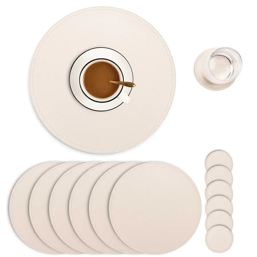 of 6 Faux Leather Round Placemats and Coasters, Coffee Mats Kitchen Table Mats, Waterproof, Easy to Clean for Kitchen Dining Rou