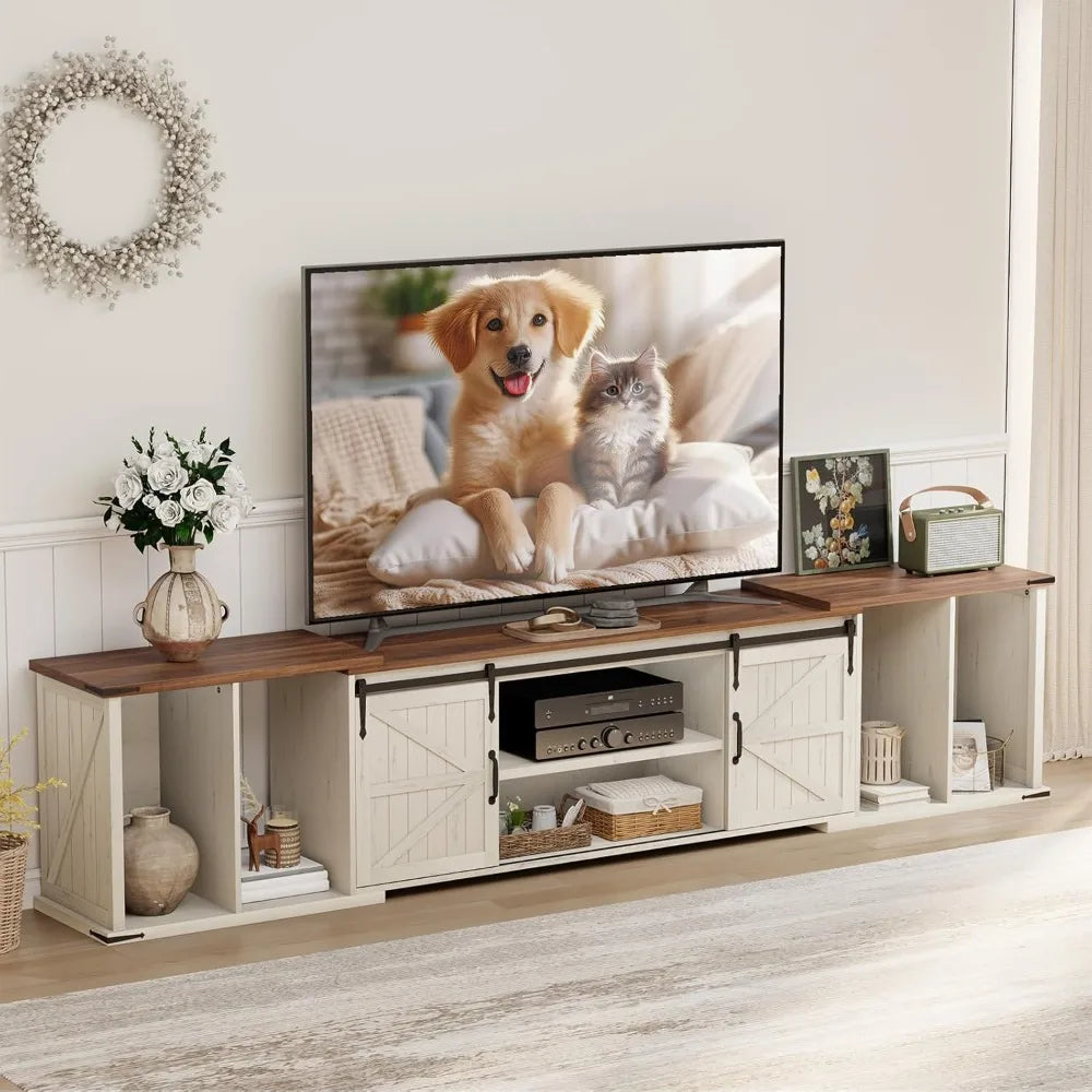 Extendable TV Stand, Entertainment Center for 85 95 105 Inch TV,with Large Capacity Storage and Sliding Doors,Farmhouse TV Stand