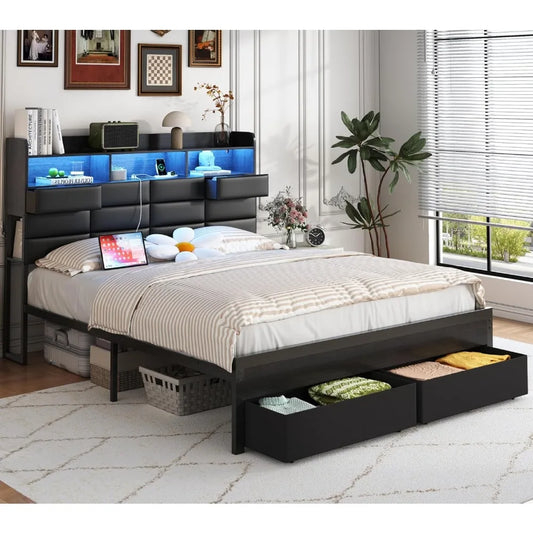 Full Bed Frame with Storage Headboard, Upholstered Black Bed Frame with 4 Drawers, LED Lights, and Charging, Customized
