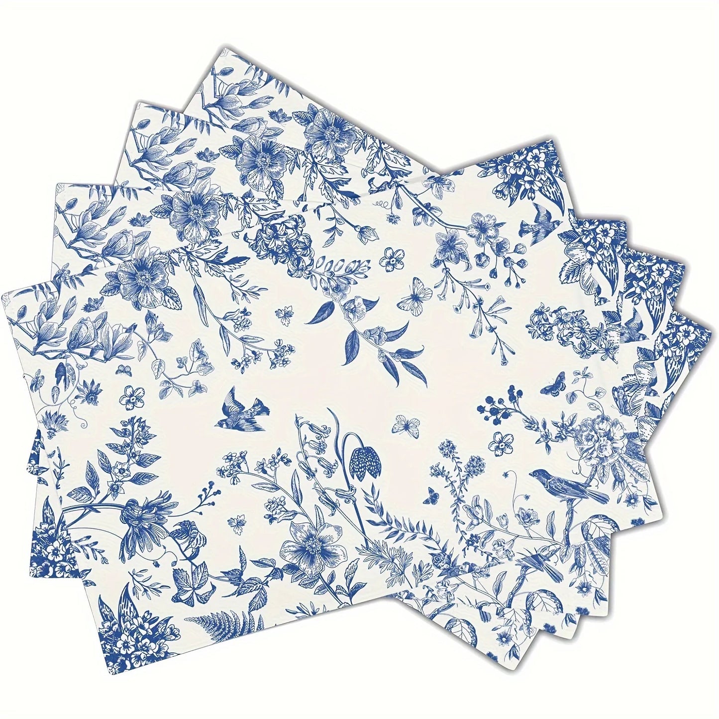4pcs Linen Floral Placemats – Blue Hydrangea Pattern, 12x18in, Machine Washable Woven Table Mats for Home, Kitchen & Party Decor