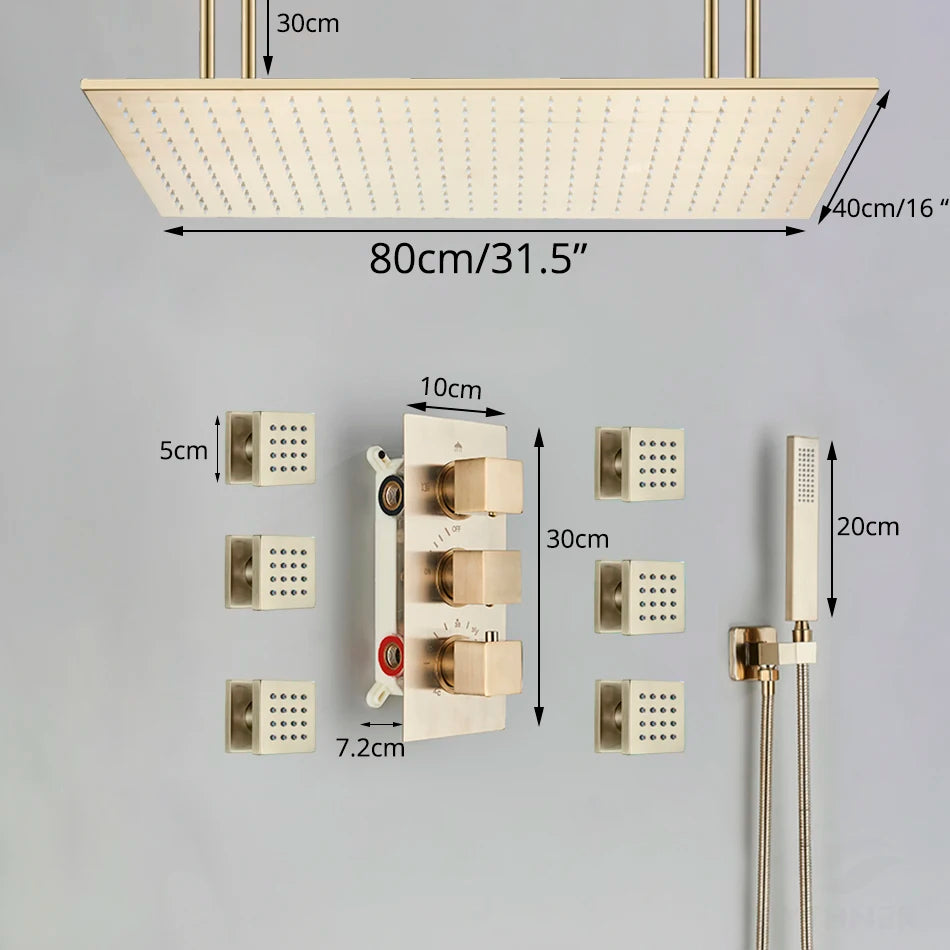 Bathroom Brushed Gold Thermostatic Shower Faucet Big Rainfall Head Ceiling Mounted Bathtub Mixer Tap Bath Shower Set System