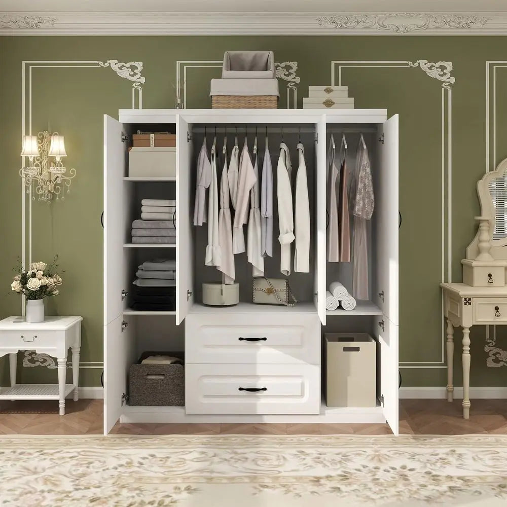 Large White Wooden 4-Door Wardrobe with 2 Drawers, Hanging Rails, and Shelves for Bedroom Storage