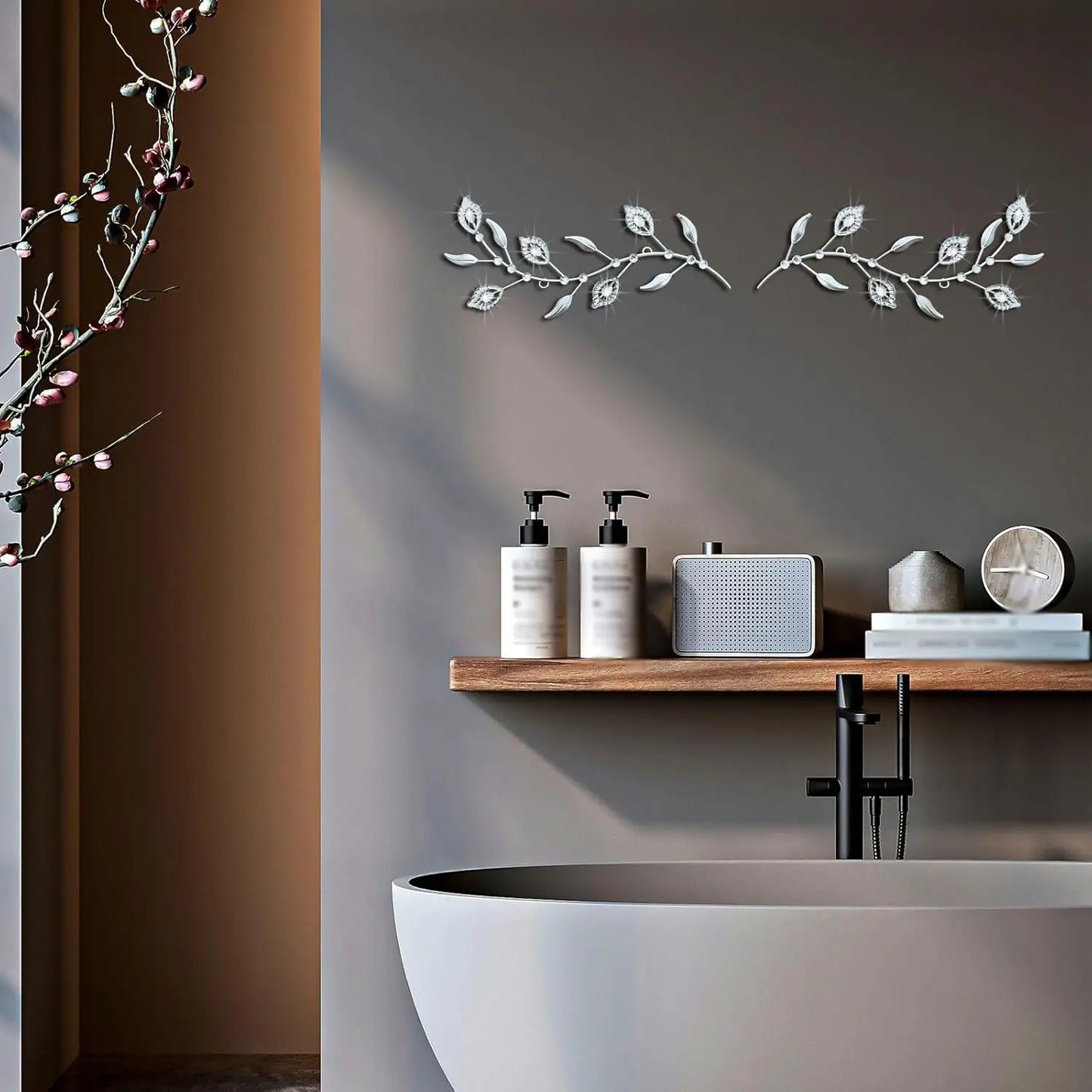 2 Pcs Metal Leaf Wall Art Crystal Decor Silver Leaves 3D Iron,Home Decor Hanging Minimalist Modern Set for Living Room Bathroom