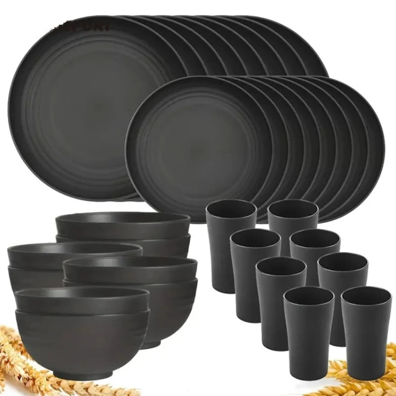 32Pcs,wheat straw tableware sets, non-breakable, suitable for dishwashers and refrigerators, for both home and outdoor use