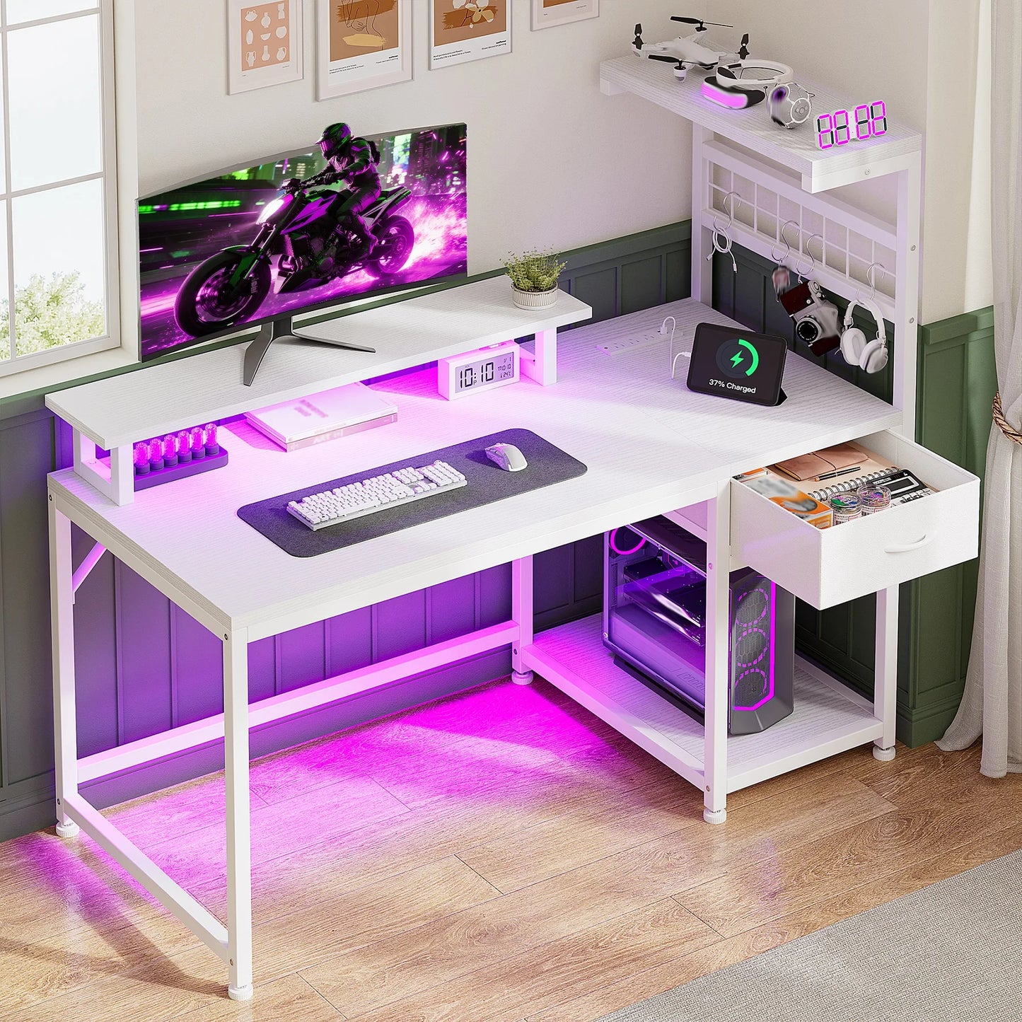 40"Gaming Computer Desk with Power Outlets RGB LED Lights Office Desk with Drawer Storage Shelves Monitor Stand For Small Space