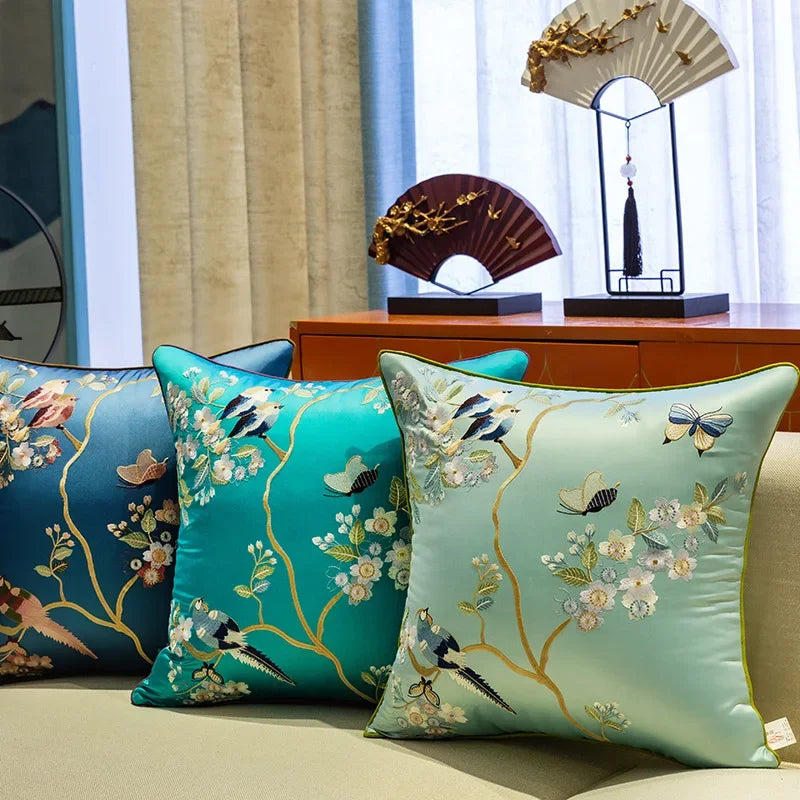 New Chinese Style Embroidered Bird Cushion Cover Living Room Sofa Waist Pillow Luxurious Classical Bed Head Silk Pillowcase