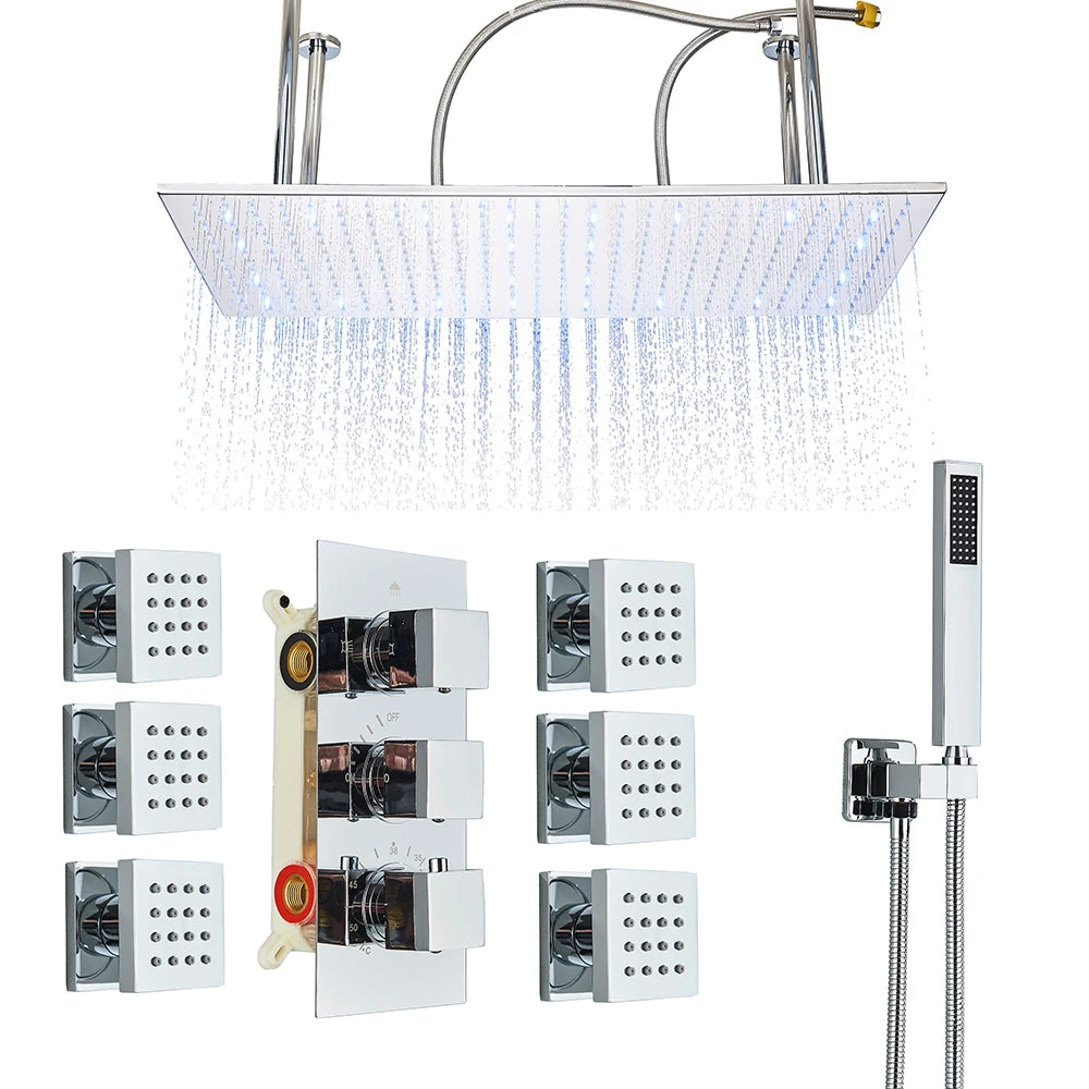 Bathroom Brushed Gold Thermostatic Shower Faucet Big Rainfall Head Ceiling Mounted Bathtub Mixer Tap Bath Shower Set System