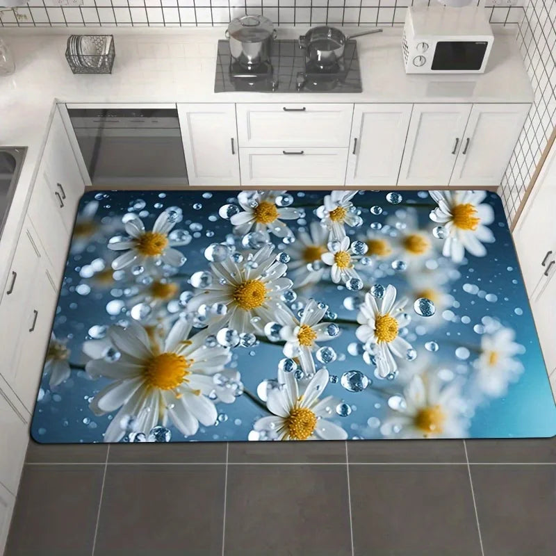 3D Daisy Flower Kitchen Runner Rug, Realistic White Chamomile with Water Droplets Non-Slip Absorbent Floor Mat for Entryway