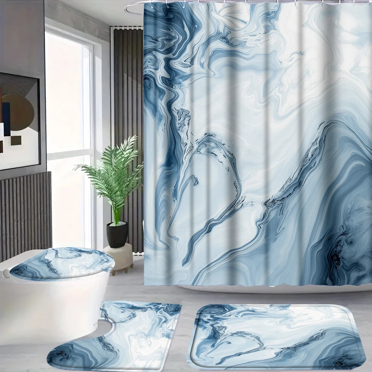 4 Pcs/Set Blue Marble Swirl Shower Curtain Bathroom Set, Abstract Fluid Print Waterproof Mildew Resistant Fabric, Family Bathroom Decor, Modern Minimalist Style Bath Mat Set, Fits Apartment, Guest Bathroom, Home Use, Includes