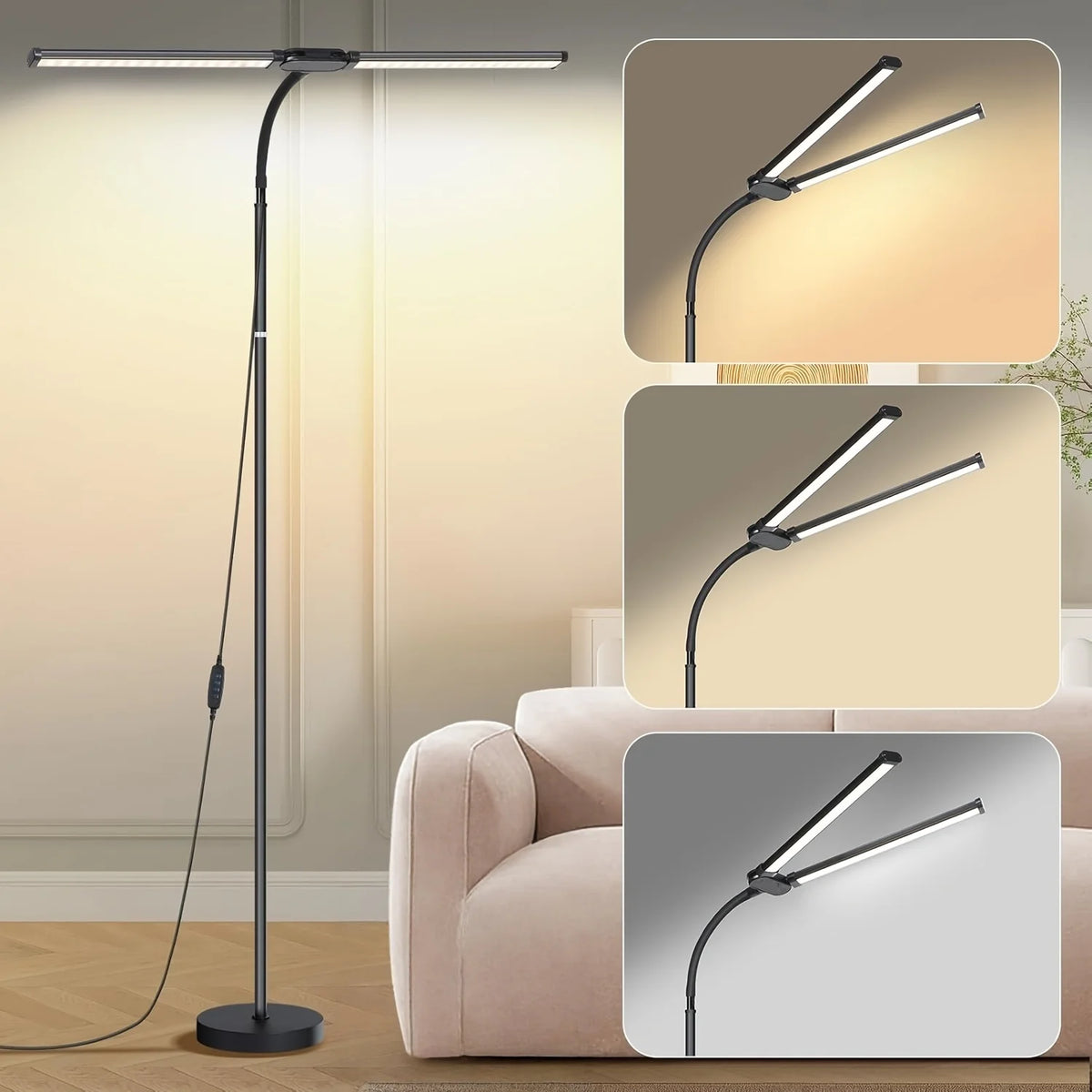Modern LED Floor Lamp 3 Color Modes 8 Brightness Adjustable Flexible Gooseneck USB Standing Lamp for Living Room Reading Study Workbench
