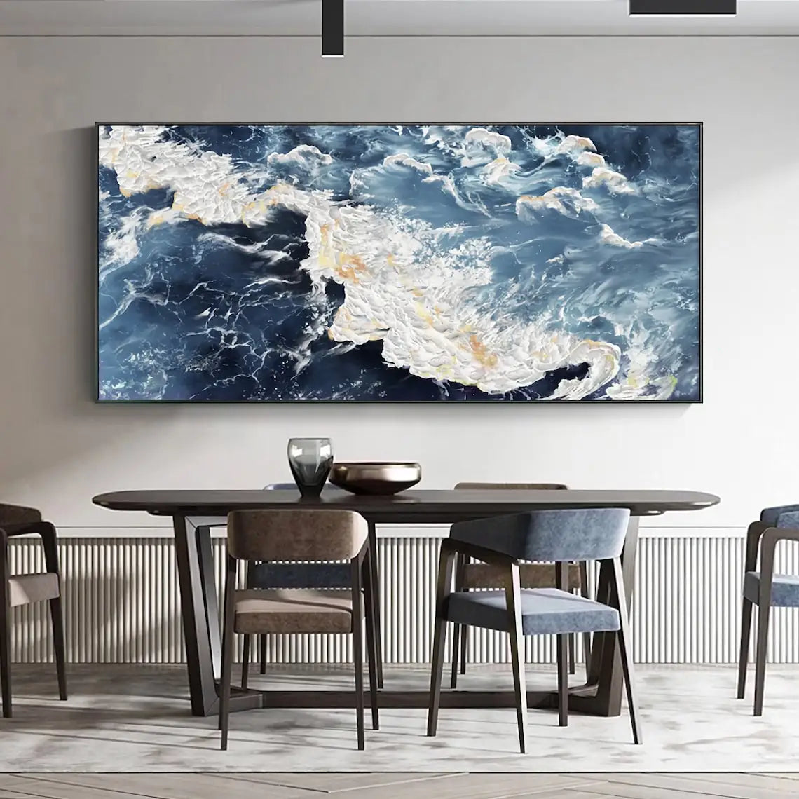 Large Sea Canvas Oil Painting Handmade Blue Sea Landscape Abstract White Wave Painting Textured Sea Painting Living Room Decor