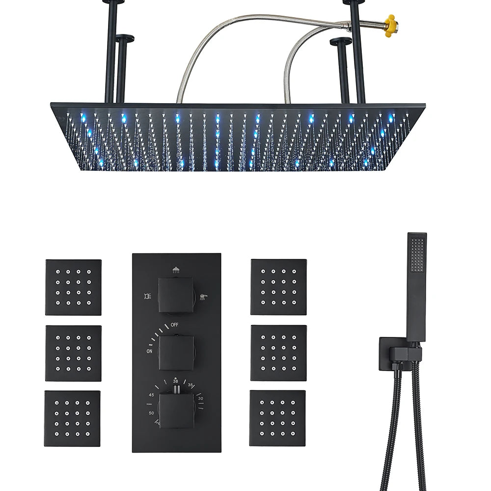 Bathroom Brushed Gold Thermostatic Shower Faucet Big Rainfall Head Ceiling Mounted Bathtub Mixer Tap Bath Shower Set System