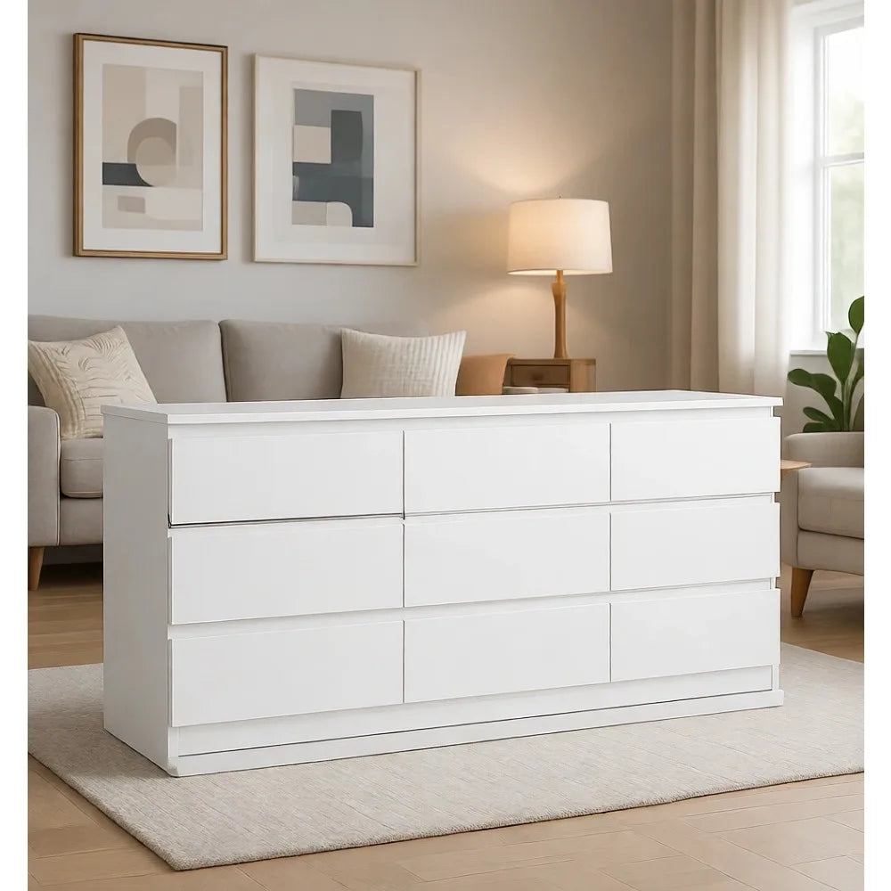 Elegant White 9-Drawer Dresser for Bedroom, Storage Chest with Deep Drawers for Living Spaces