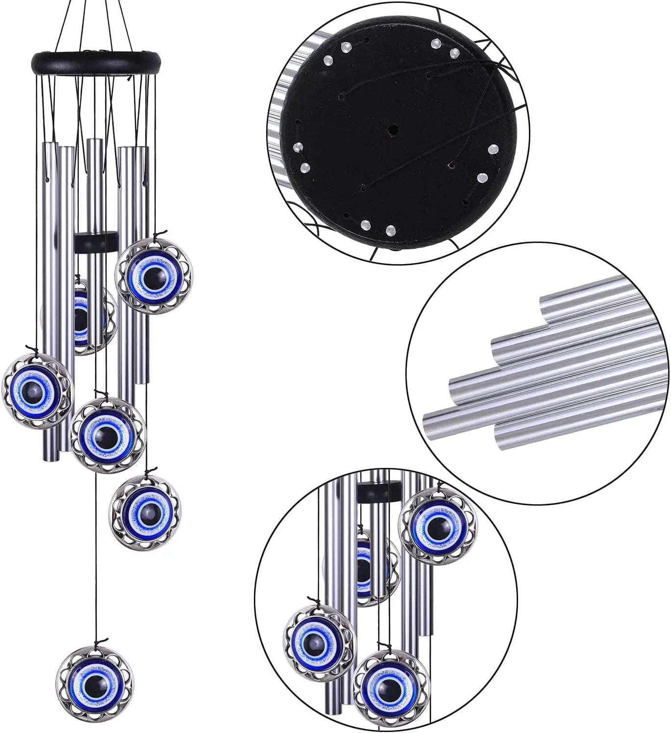 Blue Evil Eye Wind Chimes for Outdoor Decor, Handmade with 5 Aluminum Tubes, Perfect Gift for Home Garden Patio