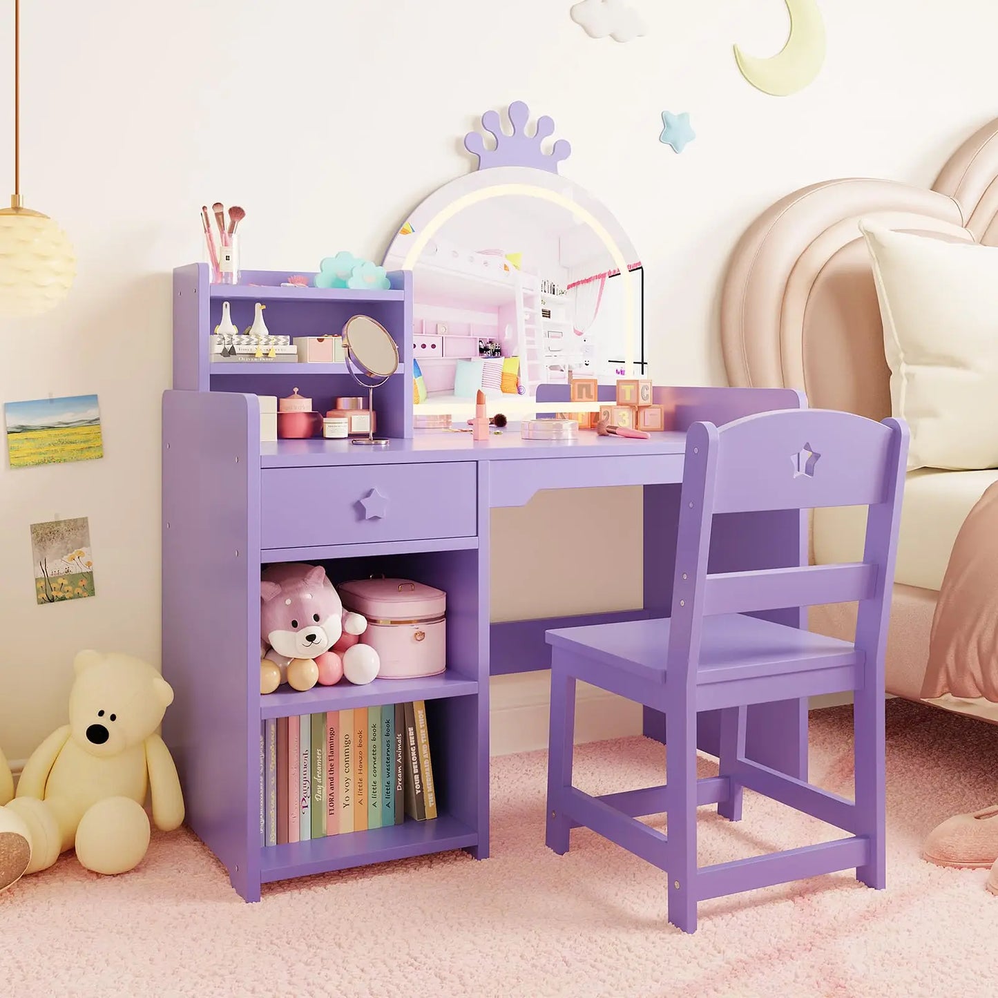LED Crown Mirror Kids Vanity Table & Chair Set - Storage Cabinet, Open Bookshelf, Drawer, 2-in-1 Princess Makeup Desk, Easy Assembly, Bedroom or Playroom Furniture