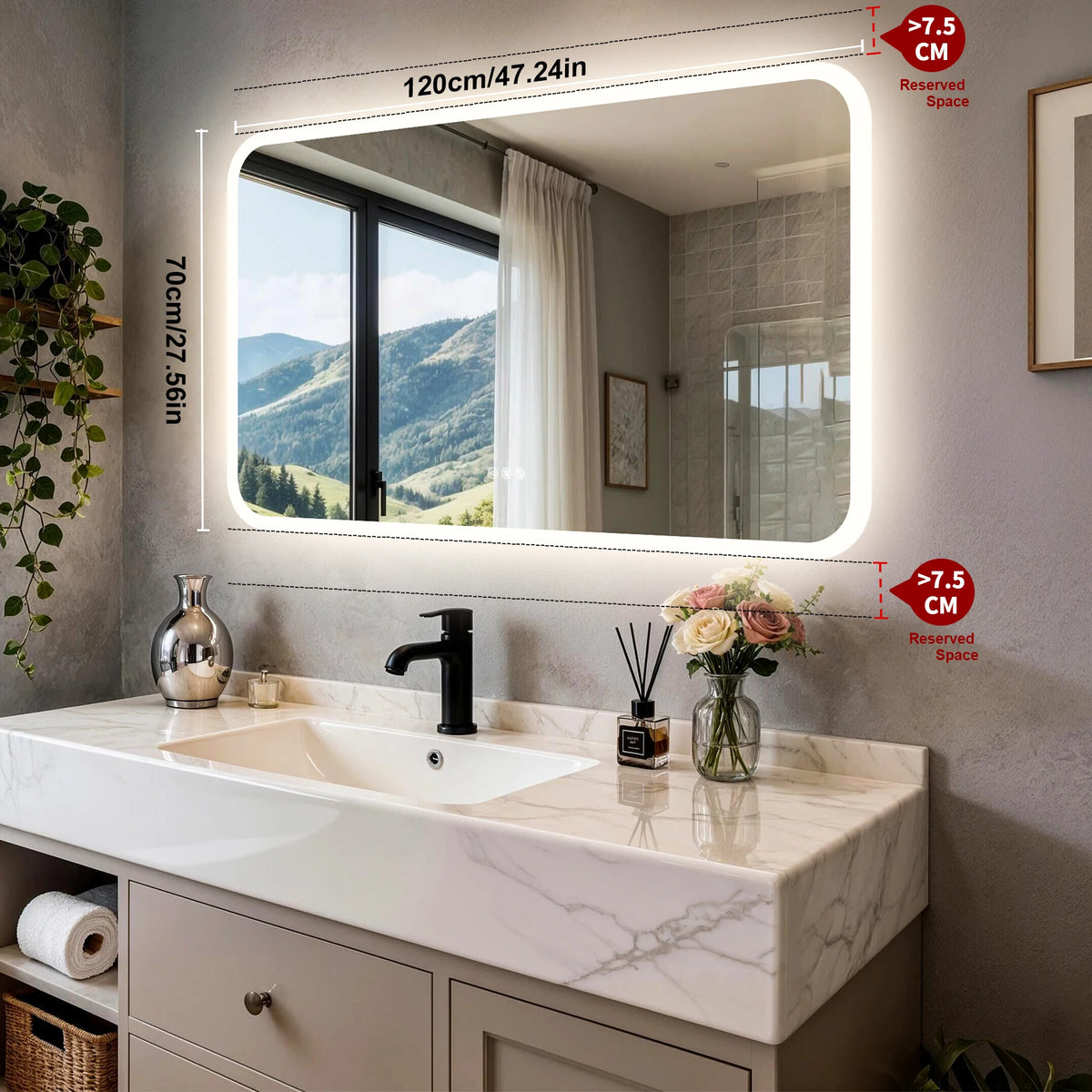 Smart LED Bathroom Mirror with Bluetooth Speakers Rectangle Illuminated Vanity Mirror Dimmable 3 Colors Anti Fog Touch Control Wall Mount