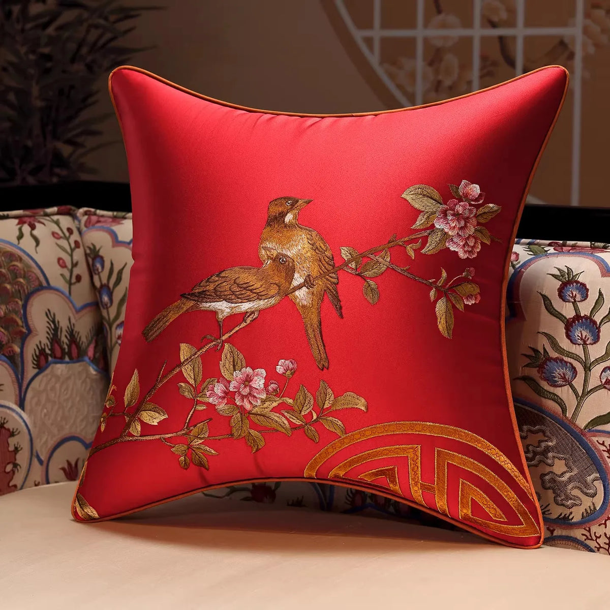 New Chinese Style Embroidered Bird Cushion Cover Living Room Sofa Waist Pillow Luxurious Classical Bed Head Silk Pillowcase