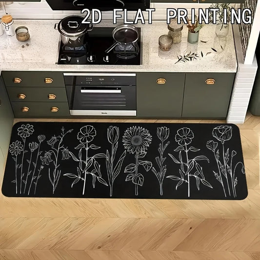 Simple Black White Line Art Wildflower Sunflower Runner Rug, Non-Slip Kitchen Rug for Kitchen, Living Room, Bathroom