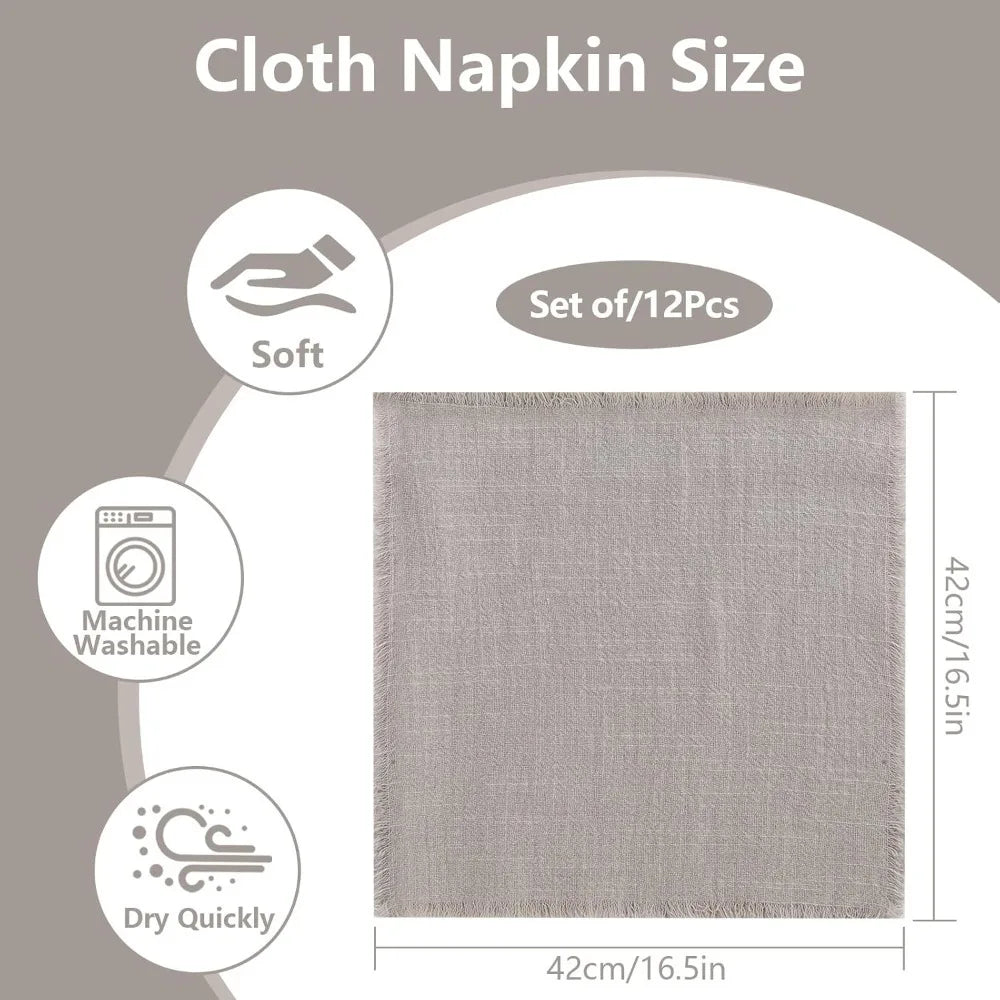 12 PCS fabric napkins Cloth Napkins with Fringe Edges Washable for Wedding Party Birthday Christmas Dinner Table Setting